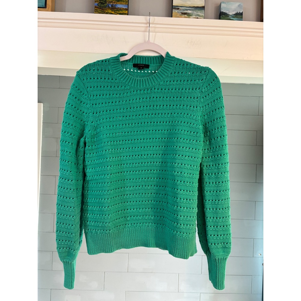 J.Crew Green‎ Pointelle Popcorn Knit Cotton Blend Crewneck Sweater Womens Medium